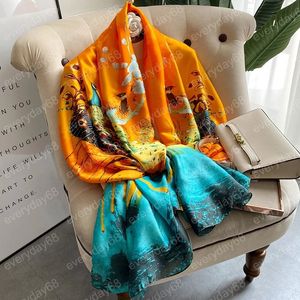 Kadın Moda Tavuskuşu Çiçek Baskı Uzun İpek Accanları Popüler Şallar Four Seasons saten plaj havlusu lüks 180x90cm bandana