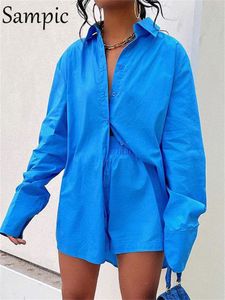 Sampic Women Blue Suit 캐주얼 한 느슨한 긴 소매 셔츠 여름 상판 및 미니 반바지 패션 트랙 슈트 2 조각 세트 복장 220611