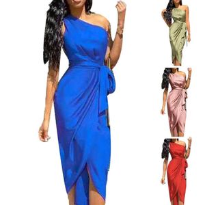 New 2022 European and American slanted shoulder dress women's irregular strap dress with belt