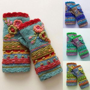 Five Fingers Gloves Womens Winter Warm Casual Flower Knit Handwarmers Mittens
