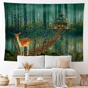 Dream Floresta Tapeçaria Grande Cogumelo Bonito Castelo de Deer Fairy Parede pendurada Tapetes para sala Decor de dormitório da sala Decoração J220804