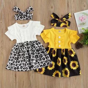 Abbigliamento per bambini Ragazze Girasole Leopardo Abito a costine Bambini Volant Manica volante Abiti da principessa Moda estiva Abbigliamento per bambini