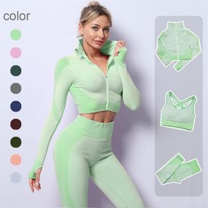 2/3PCS Seamles Yoga Set Workout Sportswear Gym Clothing Fitness Long Sleeve Crop Top High Waist Leggings Sports Suits 220326