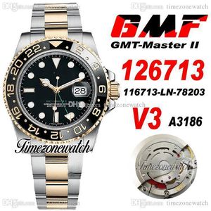 GMF V3 GMT II 116713 A3186 Mens Automático Assista Dois Tom YG Cerâmica Bezel Preto Discagem Verde 904L Oystersteel Pulseira Cartão de Garantia Super Edição TimeZoneWatch R9