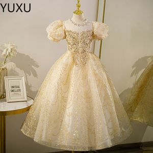 Gold Girls Pageant Dresses Sequined Toddler Ball Gowns Jewel Long Formal Kids Party Ball Gown Flower Girl Dresses for Weddings 2022