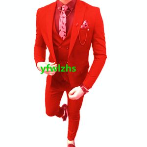 Wedding Tuxedos Red Men Suits Groomsmen Peak Lapel Groom Tuxedos Wedding/Prom Man Blazer Jacket Pants Vest Tie W962