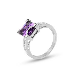 925 Silver Ring 4 Claws Inlay 8mm Square Purple Zircon Stone Elegant Bridal Jewelry Accessories