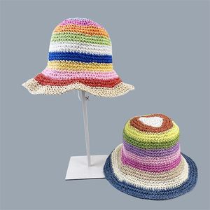 Summer Straw Het Bucket Hat Kvinnor vikbara Panama Cap UV Sun Cap Boho Colorful Stripes Fishing Hat Vacation Beach Hat 220525