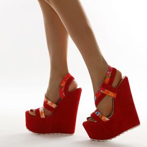 Wholesale bohemian high heels resale online - Dress Shoes Gladiator High Heels Platform Wedges Woman Summer Sandals Party Red Bohemian Women Size