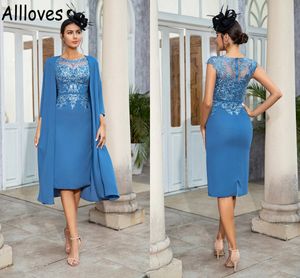 Hunter Blue Mother Of The Bride Dresses With Jacket Cape Knee Length Lace Appliqued Elegant Women Formal Party Gowns Sheer Neck Cap Sleeves Occasion Dress CL0477
