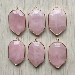 Colares pendentes rosas naturais quartzo seção de pedra formato em forma de pingente de conector dourado para jóias fabricando por atacado 6pcs/lotpendações