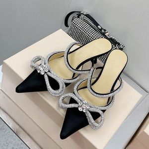 Mach Mach Rhinestone Bowtie High Heel Sandals and Slippers 메쉬 통기성 새틴 여성 연회 웨딩 리조트 하이힐 신발