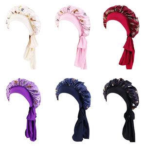 Kvinnor Butterfuly Mönster Satin Bonnet med Bundet Band Night Sleep Cap Justerbart Bredband Elastiskt Head Wrap Soft Headcover