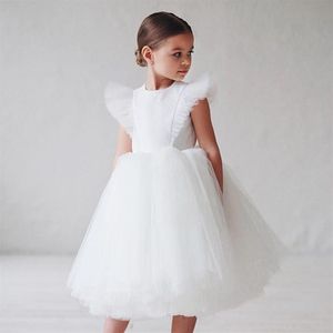 Girl's jurken ins boho kind meisjes witte bruidsmeisje jurk voor kinderen flutter mouw mesh tule prinses bloem kleding widin257u