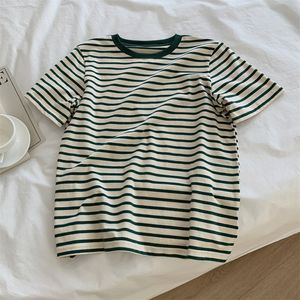 Women Summer ONeck Srtiped T Shirts Short Sleeve High Quality Boho Tees Cotton Material Loose Style Clothes 220527