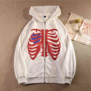 Y2K Rhinestone Skeleton Hoodies Women Gothic White Zip Up Oversized Sweatshirts Harajuku Skulls Hooded Jacket Autumn Streetwear