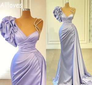 Light Blue Mermaid Satin Evening Dresses Sequined Straps Peplum Ruched Formal Prom Gowns Sweep Train Women Special Occasion Dress Plus Size Robe de Soiree CL0207