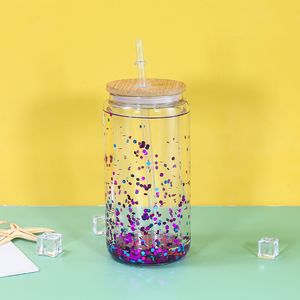 16 oz çift duvarlı kar küre cam tumbeler bambu kapağı kısa süblimasyon daha serin camlar kola bira kutuları dolgu parıltı blingbling