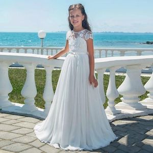 Sukienki dziewczynki plażowa ślubna kwiat sukienka z krótkim rękawem o szyi kwiaty koronkowe szyfonowe długość podłogi dla dzieci Pierwsza suknia komunalna