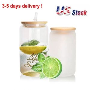 US Warehouse Sublimation Glass Beer Mugs With Bamboo Lid Straw 20oz 16oz Diy Blanks Frosted Clear Can Tumblers Cups Heat Transfer Cocktail Iced Coffee Soda Whisky