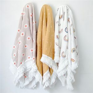 Organic Cotton born Muslin Baby Fashion Soft Fringe Wrap Blanket Cute Print Stuff Pielucha Bambusowa 220524