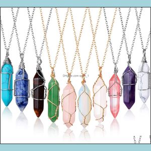Pendant Necklaces Pendants Jewelry Reiki Healing Natural Stone Necklace Wire Wrap Hexagonal Amethyst Pink Quartz C Dhc7K