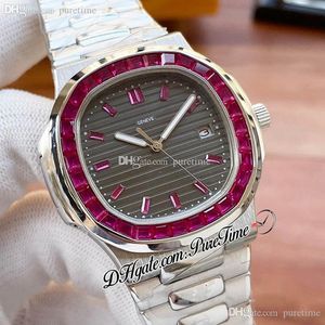 Продажа 40 мм 5711 A21J Автоматические мужские часы часы Baguette Ruby Bezel Grey Texture Dial