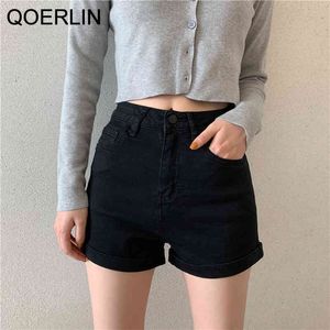 QOERLIN VINTAGE STRETTERED DENIM SHORTS WOMENS PLUSサイズハイウエストジーンズショーツカジュアル女性ルースフィットブルーデニムショーツ210412