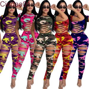 Designer Women Tracksuits Two Pieces Set Slim Sexy Hole Camouflage Printed Leisure Sports Suit Ladies Outfits