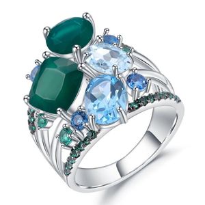 Küme Yüzük Gem'in Balesi Doğal Yeşil Agate Topaz Parmak Yüzüğü Kadınlar İçin Düğün Gerçek 925 STERLING Gümüş Yığın Taşlar Güzel Takı