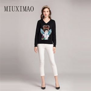 Europa estilo outono nova chegada moda vneck pullovers de manga cheia personagem lantejous moletons pretos mulheres t200113