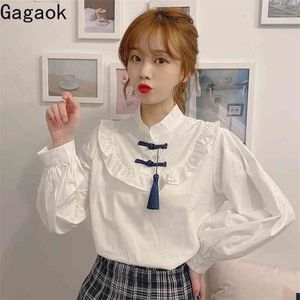 Gagaok Women Chinese Style Blouse Spring Autumn Solid Stand Lantern Sleeve Button Loose Casual Wild Female Fashion Shirts 210326