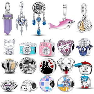 925 Sterling Silver Dangle Charm White Pink Purple Dog Chicken Beads Bead Fit Pandora Charms Bracelet DIY Jewelry Accessories