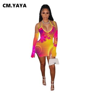 CM.Yaya Kadınlar Mini Elbise Baskı Kayışı Tam Kol Bodycon Strechy Elbiseler Seksi Gece Kulübü Parti Vestidos Yaz Kıyafetleri Moda 220516