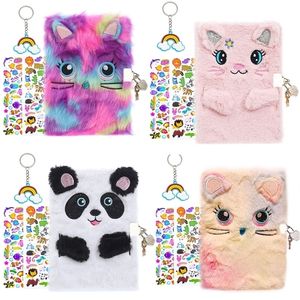 Cute Plush Diary Secret Notebook with Lock and Key for Kids Girls Boys Fuzzy Note Book Stationery Gift & 1 Keychain + 2 Stickers 220401