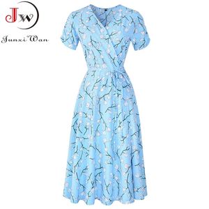 Summer Elegant Short Sleeve Chiffon Dress Women Floral Printing Vintage A-Line Bohemian Beach Midi Sundress 220517