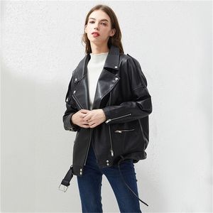 Fitaylor Pu Faux Leather Jacket Women Loose Sashesカジュアルバイカージャケットアウトウェア女性トップスBFスタイルブラックレザージャケットコート201214