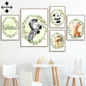 Custom Cartoon Name Wall Art Painting Nursery Animals Posters and Prints Personalized Picture Giraffe Elephant Zebra Home Decor 220623