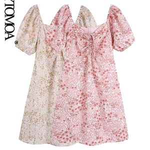 Kpytomoa moda feminina com amarrado floral impressão mini vestido vintage manga curta lado zíper vestidos femininos mujer 220527