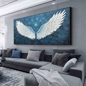 Mdoern White Angel Wings Starry Blue Luxury Art Canvas Oil Painting Abstract Poster Print Wall Art Picture for Living Room Decor