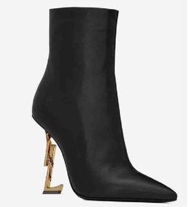 Elegant Opyum Black Leather Ankle Boots Round Toe High Heels Zip Spool Heels Sexiga Women Booty Ladies Bottes Booties With Box Big Seze EU35-43