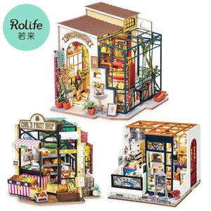 Robotime Rolife Diy Trä Miniatyr Dollhouse Fruktbutik Handgjorda Doll Hus Flower Shop med möbler Leksaker för barn Present AA220325