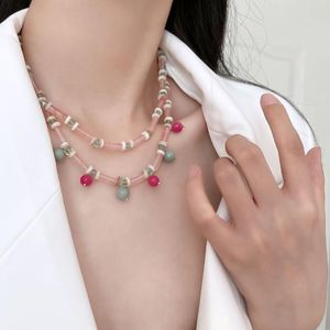 Pendant Necklaces Pink Stone Shell Beaded Long Chain Necklace Women's Multicolor Double Layered Clavicle CollierPendant