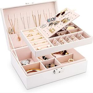 Dubbelskiktsmycken Box Pu Leather Organizer Display Boxar Travel smycken Lagring Fodral Stor rymdhållare för ringörhängen halsband