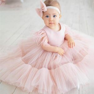 Wholesale baby pink feathers resale online - Girl s Dresses Pink Baby Girls First Birthday Dress Rufflers Puffy Tulle Feather Little Girl Party Gown Lovely Clothes Poshoot