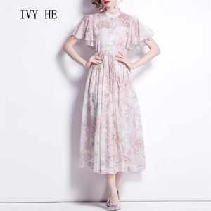Ivy He Summer Za Women s klänningskläder Elegant ljusrosa Petal Sleeve Print DrawString Vintage Casual Party Dresses Traf