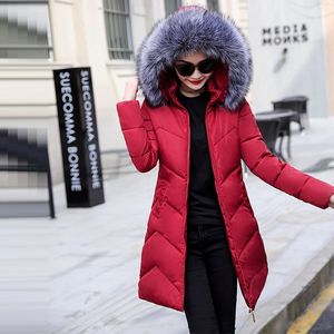 Fur collar winter coat ladies thick warm hooded long jacket women elegant slim white cotton parka women outwear DR653 201201