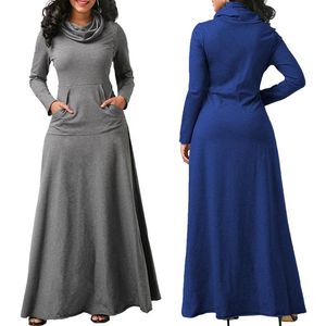 Plus Size 5XL Elegant Long Maxi Dress Autumn Winter Warm High Collar Women Long sleeved Woman Clothing With Pocket 220521