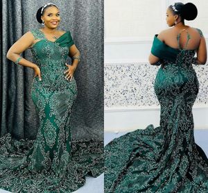 Hunter Green Plus Size aftonkl￤nningar 2023 Spetsp￤rlor l￥ng￤rmad aso ebi sj￶jungfru kl￤nning