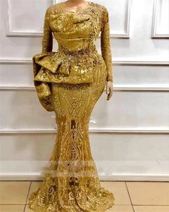 Gold Mermaid Plus Size African Prom Dresses 2022 Beading Sequin Ruffles Birthday Evening Party Gästklänningar Elegant ASO EBI 322